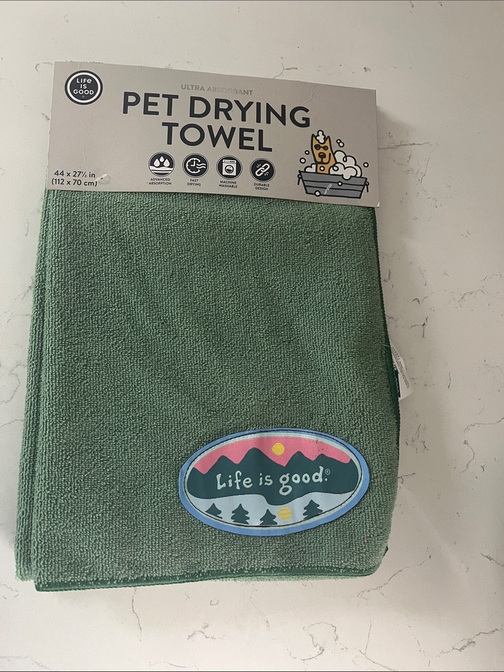 Life Is Good Green Pet Drying Towel with Mountain Logo